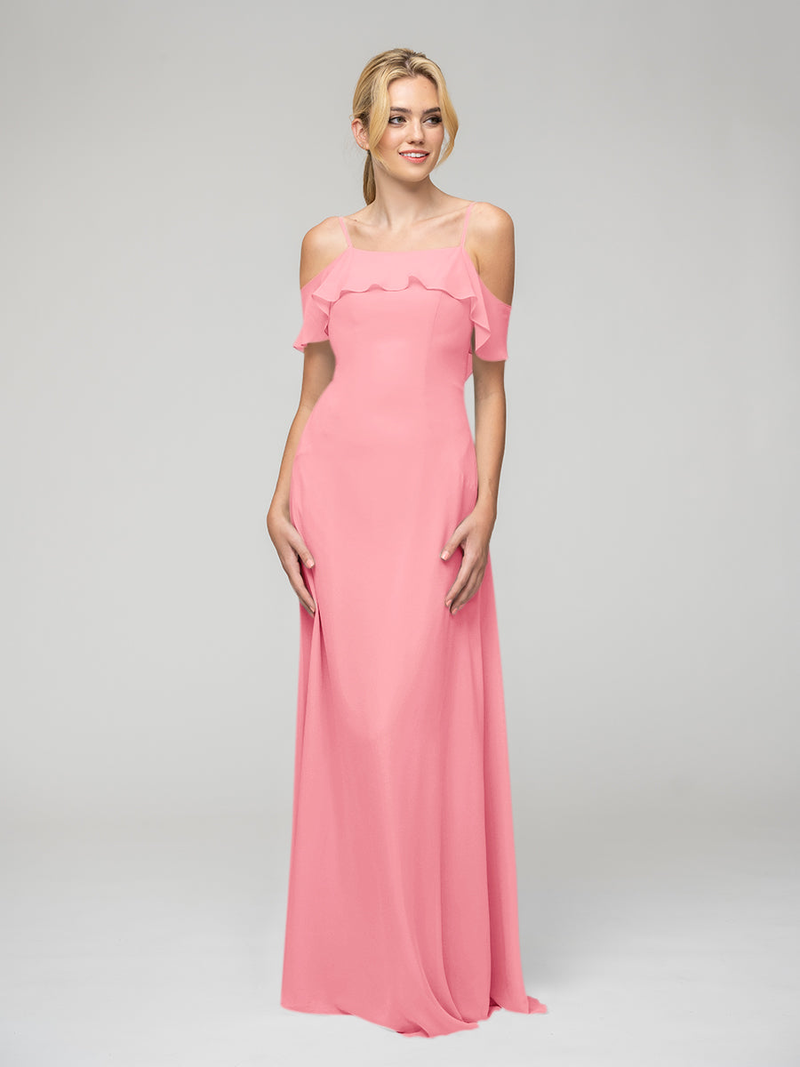 Cold Shoulder Ruffles Chiffon Bridesmaid Dresses With Open Back