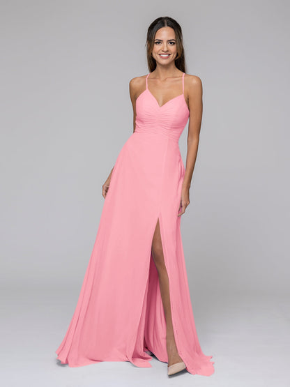 Split Sweetheart Chiffon Long Bridesmaid Dresses With Crisscross Back