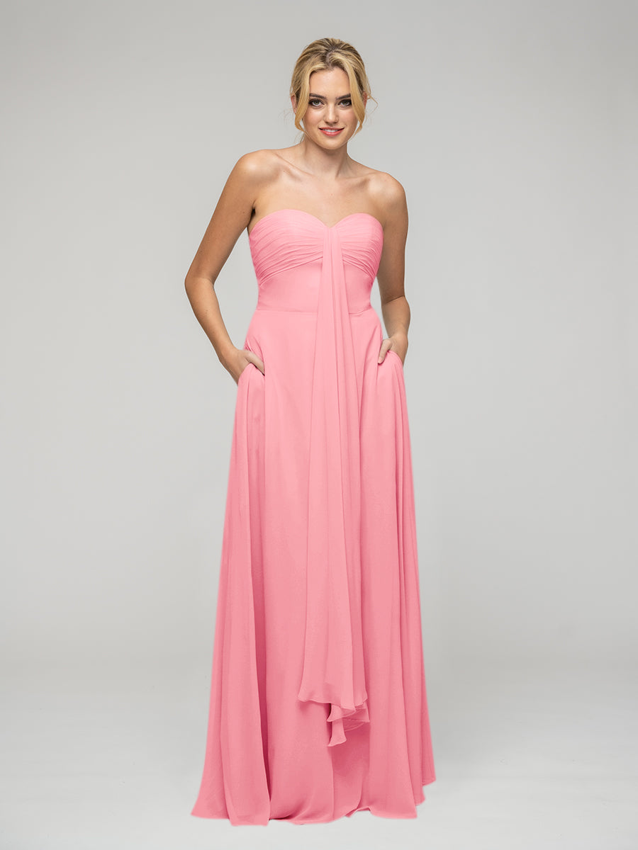 A Line Chiffon Strapless Bridesmaid Dresses With Ribbons