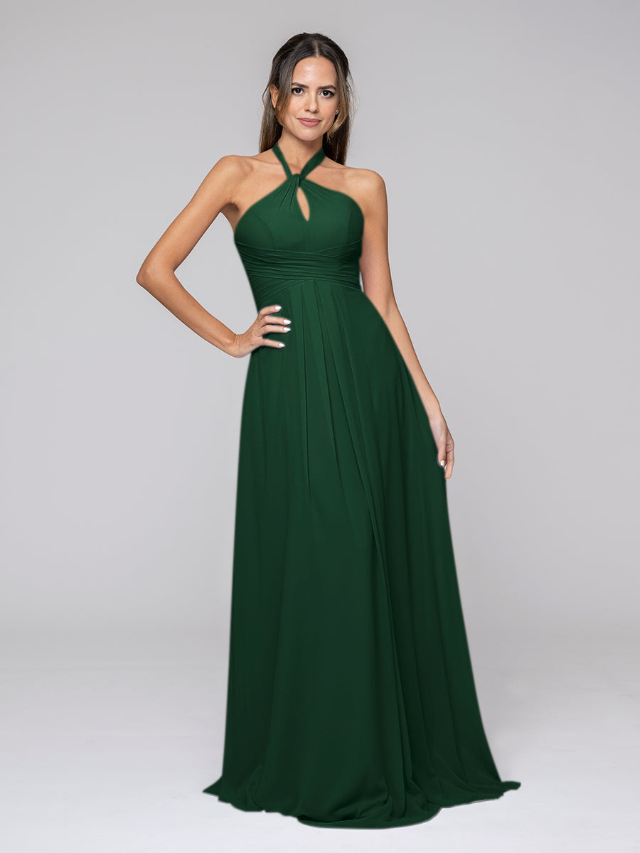 Tie-neck Halter Sleeveless Wedding Bridesmaid Dresses With Ruched Waist