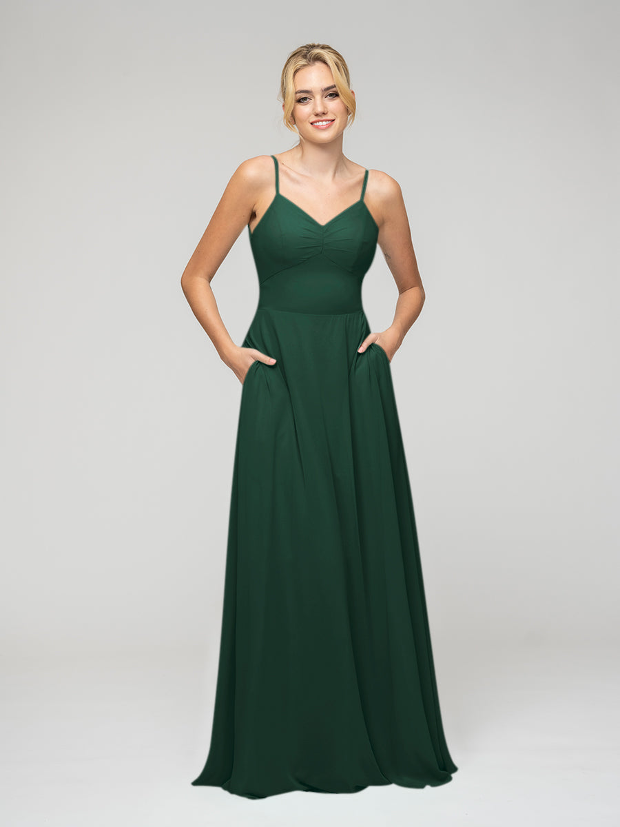 Spaghetti Strap Tie Back Long Chiffon Bridesmaid Dresses