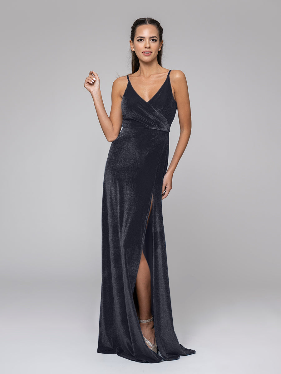 V Neck Velvet Sheath Bridal Party Dresses With Slit