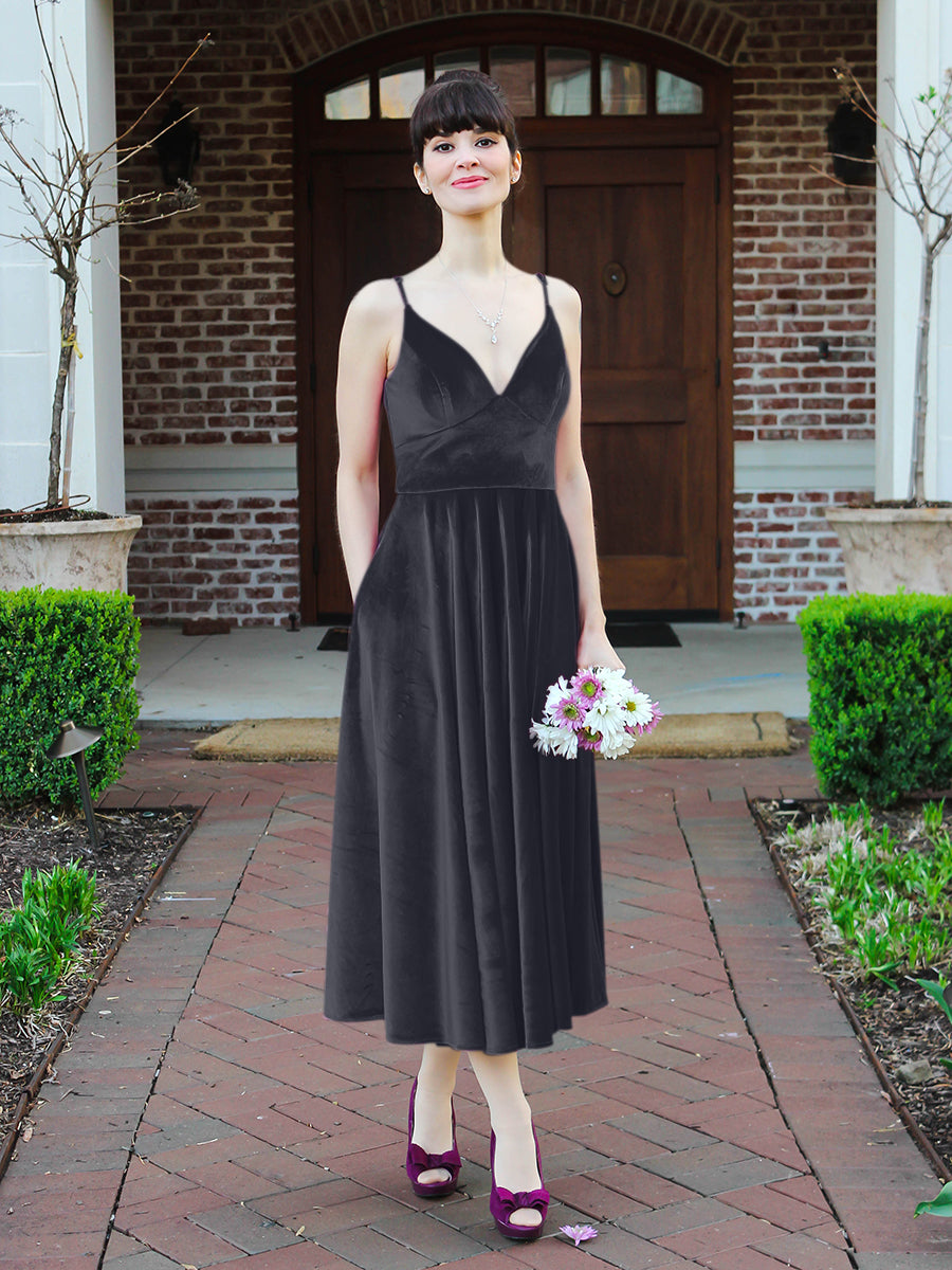 Glamorous A Line Tea Length Velvet Bridesmaid Dresses