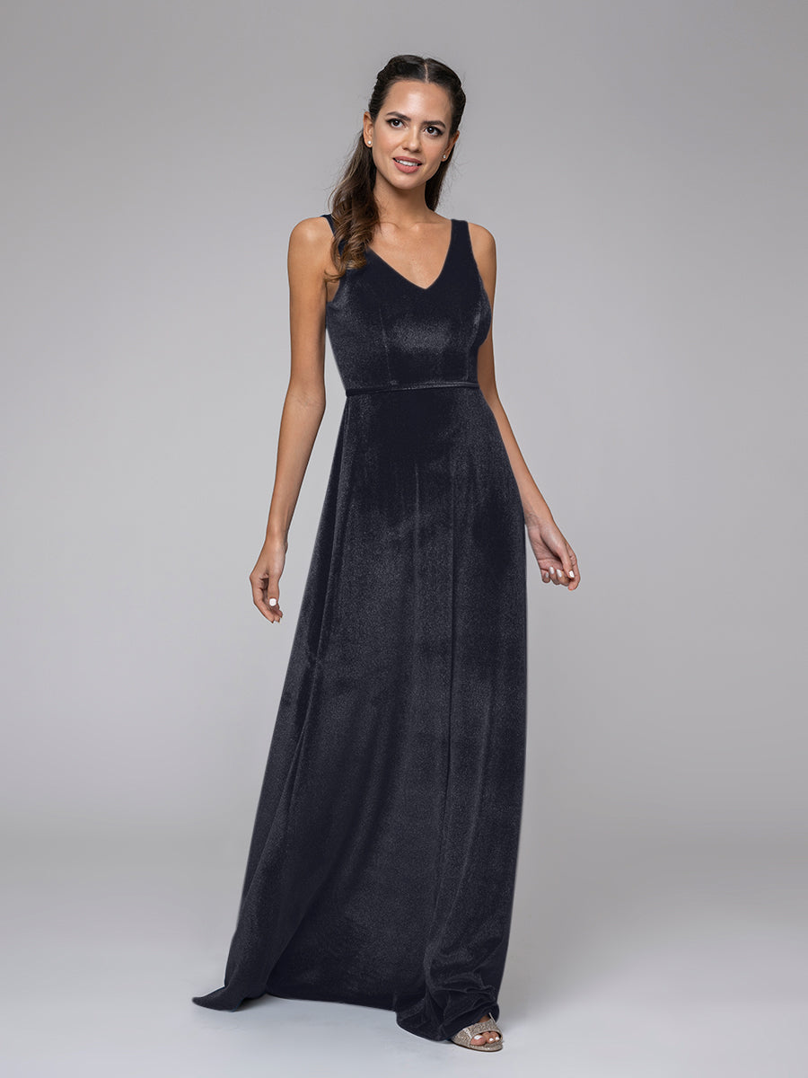 V Neck Straps A Line Long Velvet Formal Dress