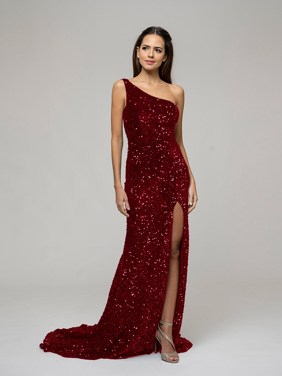 Open Back Sparkly Sequin Fitted Prom Dresses With Split