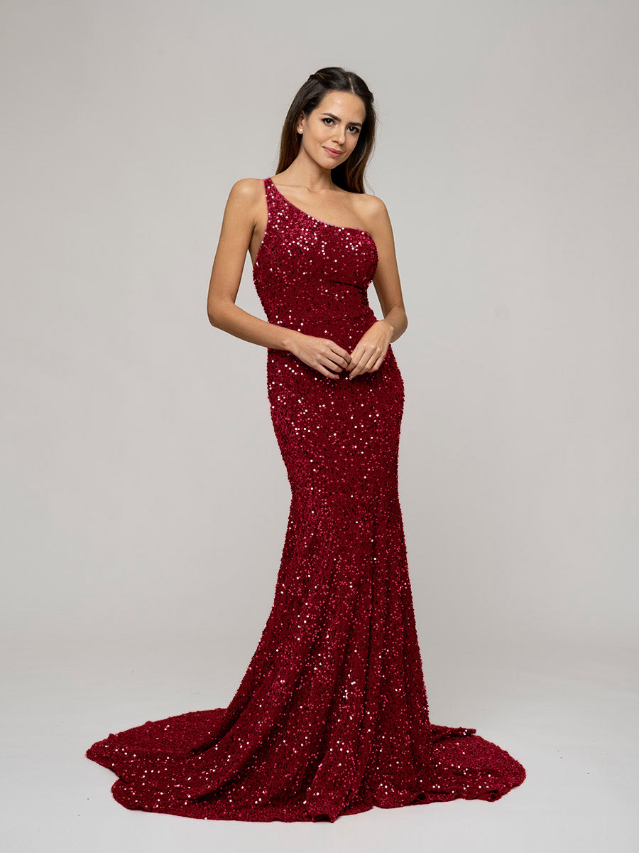 Straps Back One Shoulder Sequin Fitted Prom Dresses