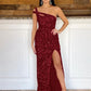 Sheath One Shoulder Sleeveless Long Sweep Train Velvet Sequin Prom Dress