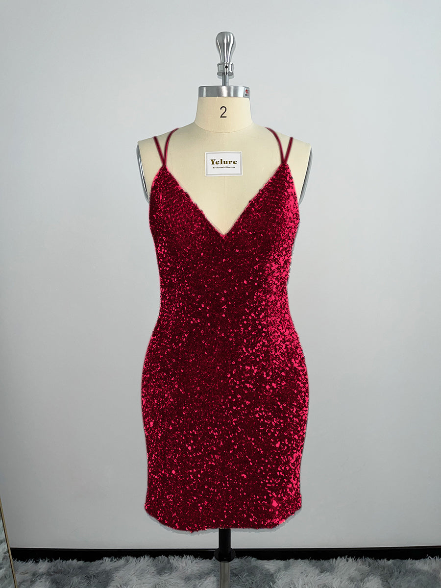 Velvet Sequin V Neck Tight Homecoming Dresses With Criss Corss Back