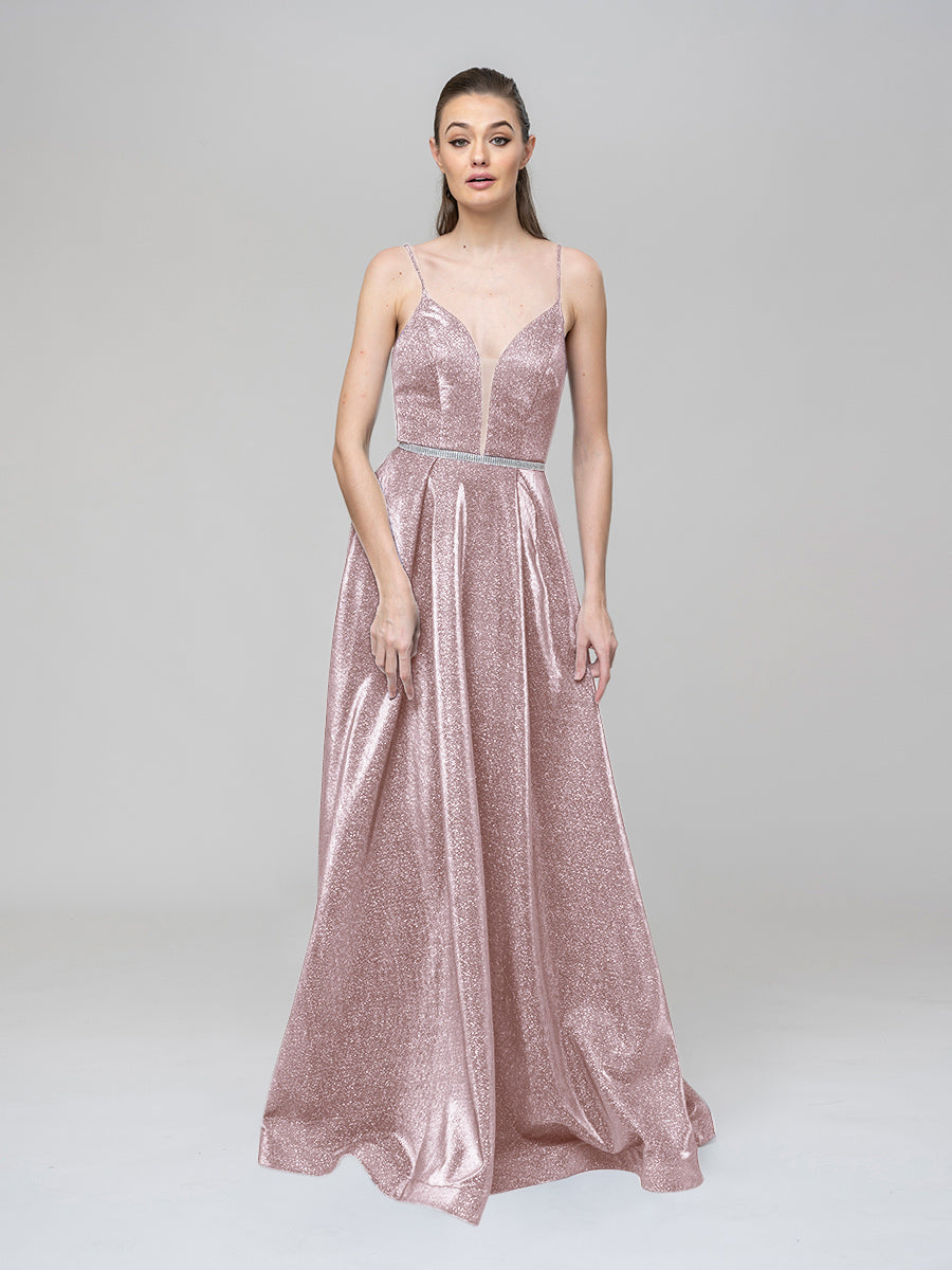 Plunging V Neck Criss Cross Back A Line Prom Dresses