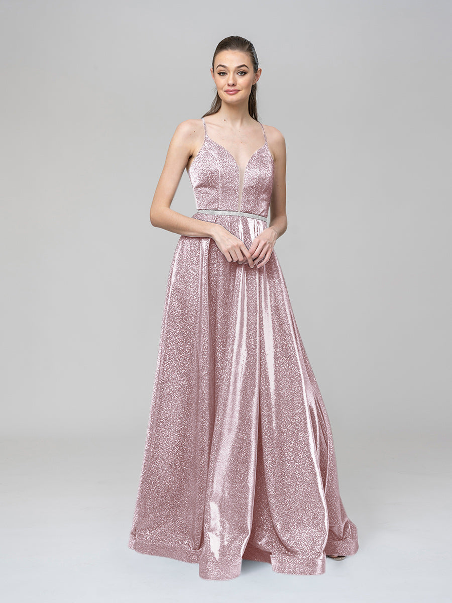 A Line Metallic Glitter Formal Party Prom Dresses With Beaded Waist