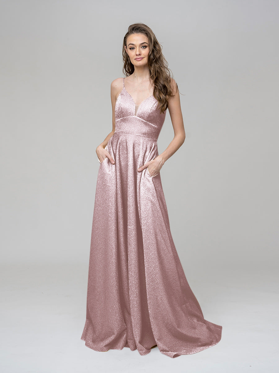 Metallic Glitter V Neck A Line Prom Dresses With Pockets