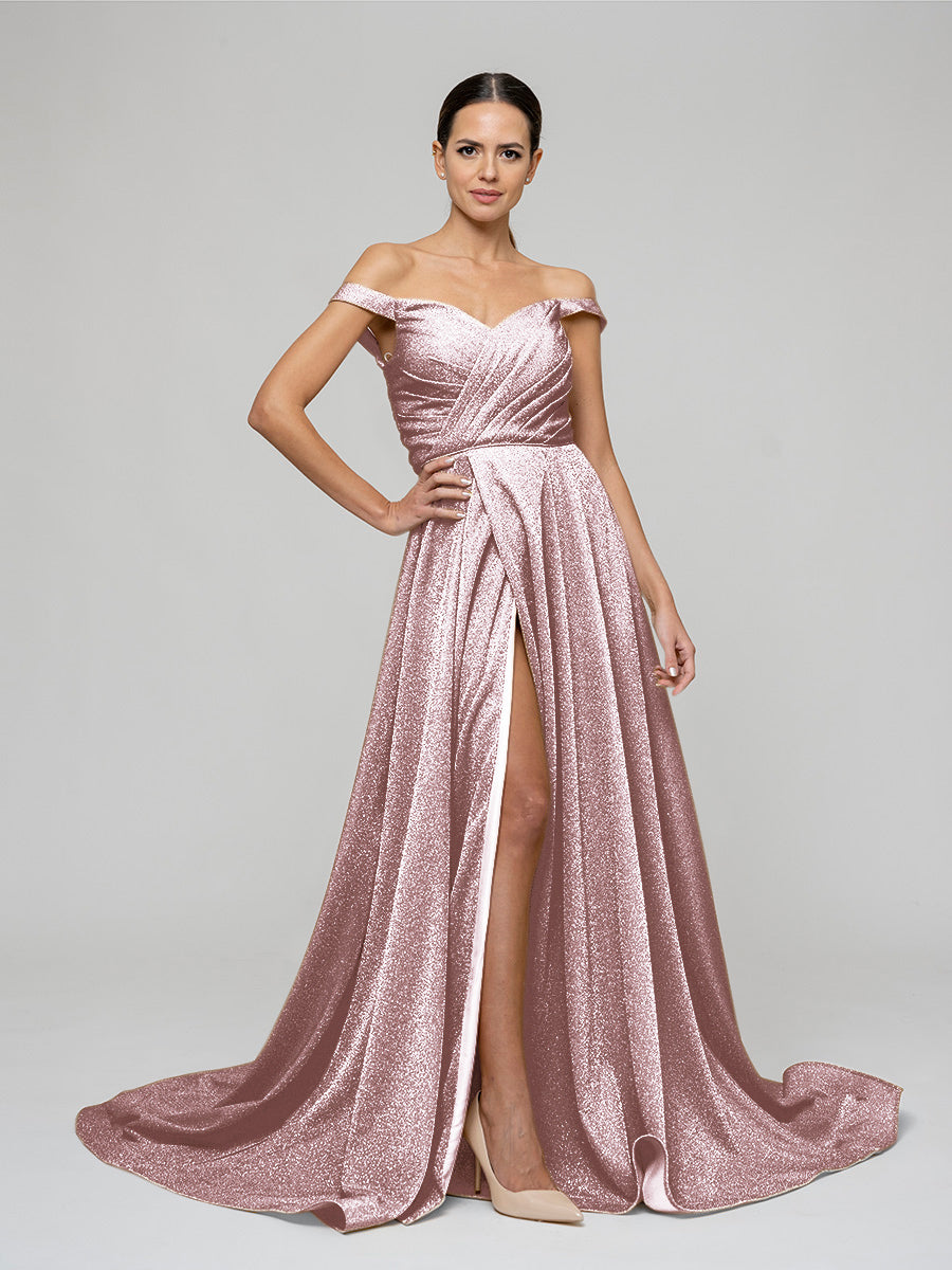 Off The Shoulder A Line Prom Dresses With Front Slit