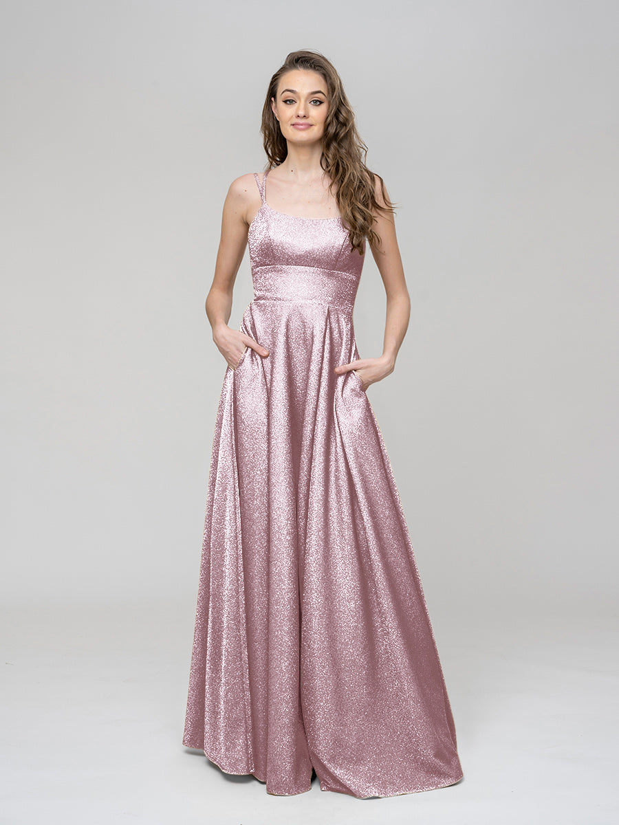 A Line Spaghetti Strap Metallic Glitter Floor Length Prom Dresses