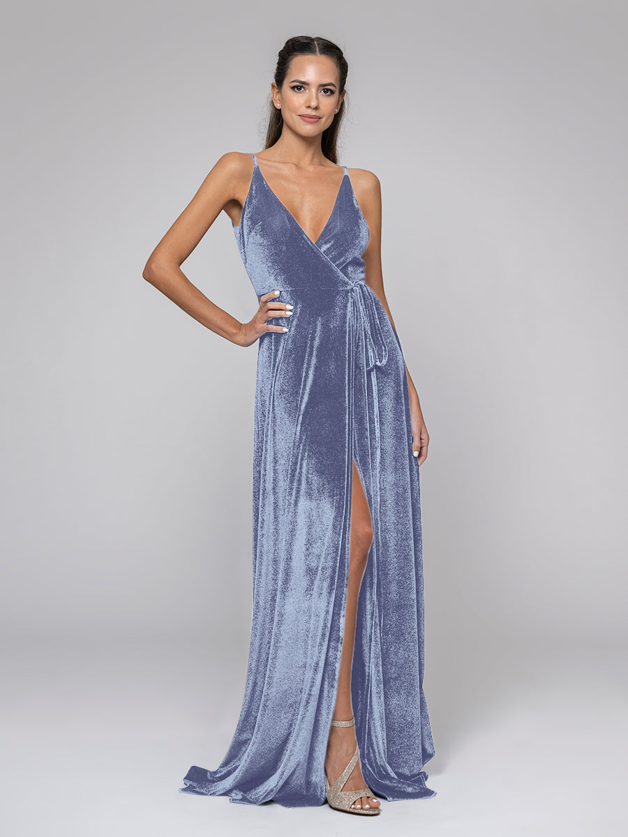 Plunging V Neckline Front Slit Velvet Long Bridesmaid Dresses