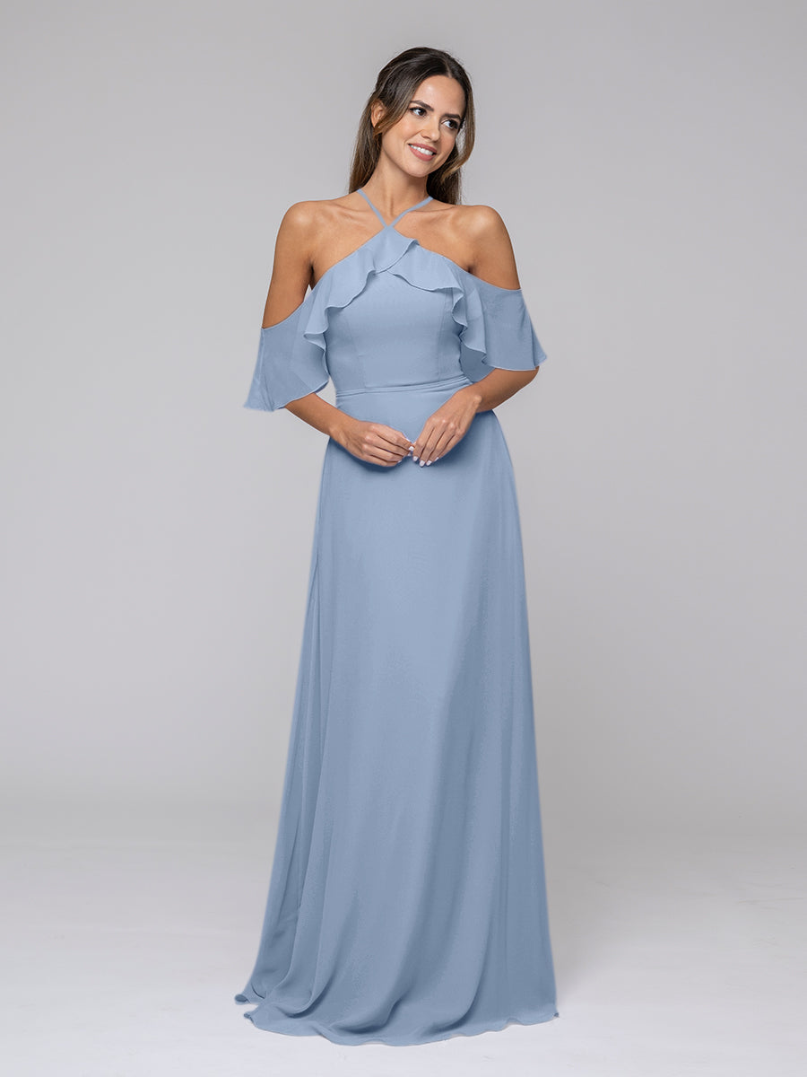 Halter Ruffles Off The Shoulder Chiffon Floor Length Bridesmaid Dresses