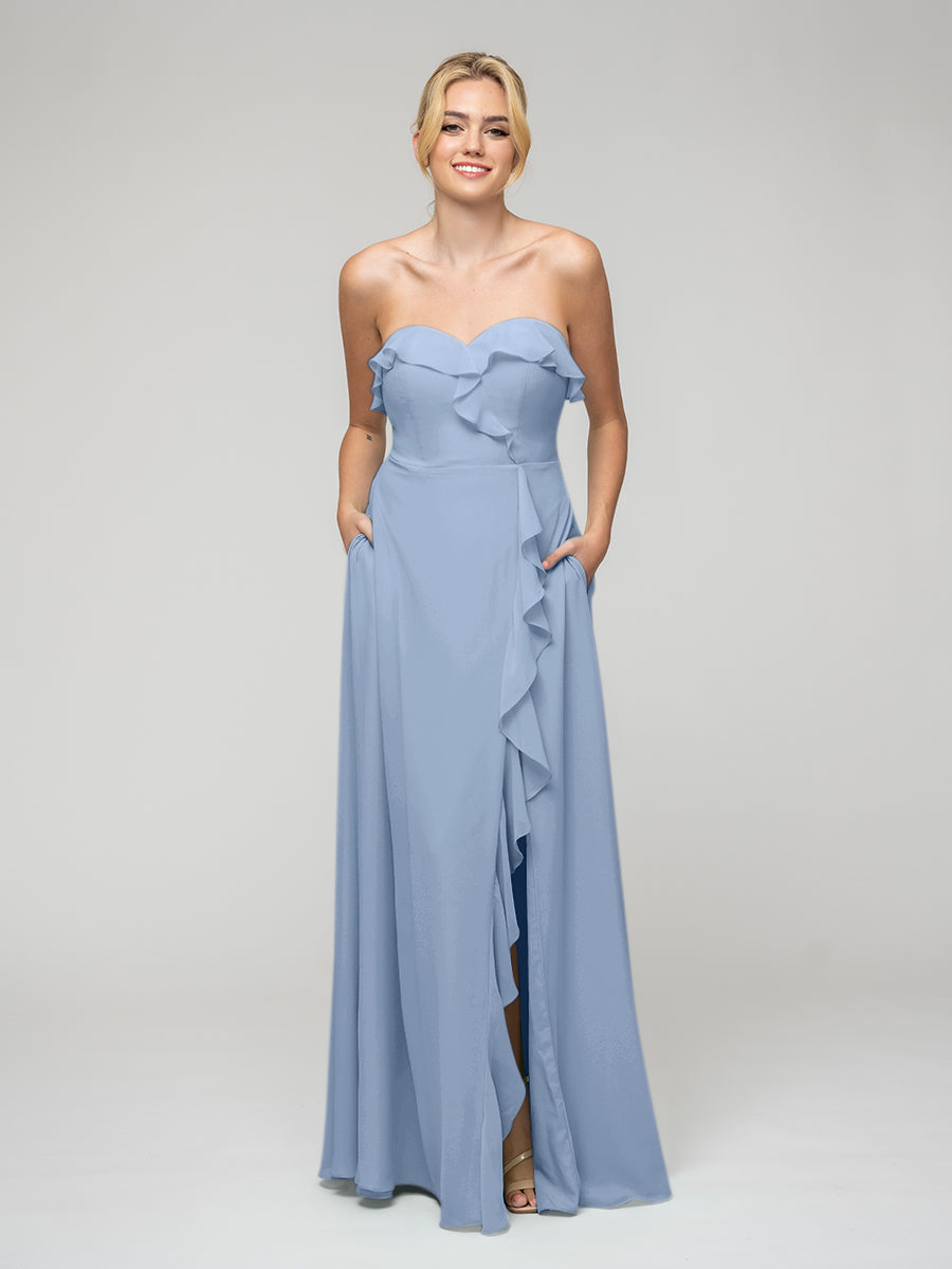 Ruffles Chiffon A Line Strapless Bridesmaid Dresses With Front Slit