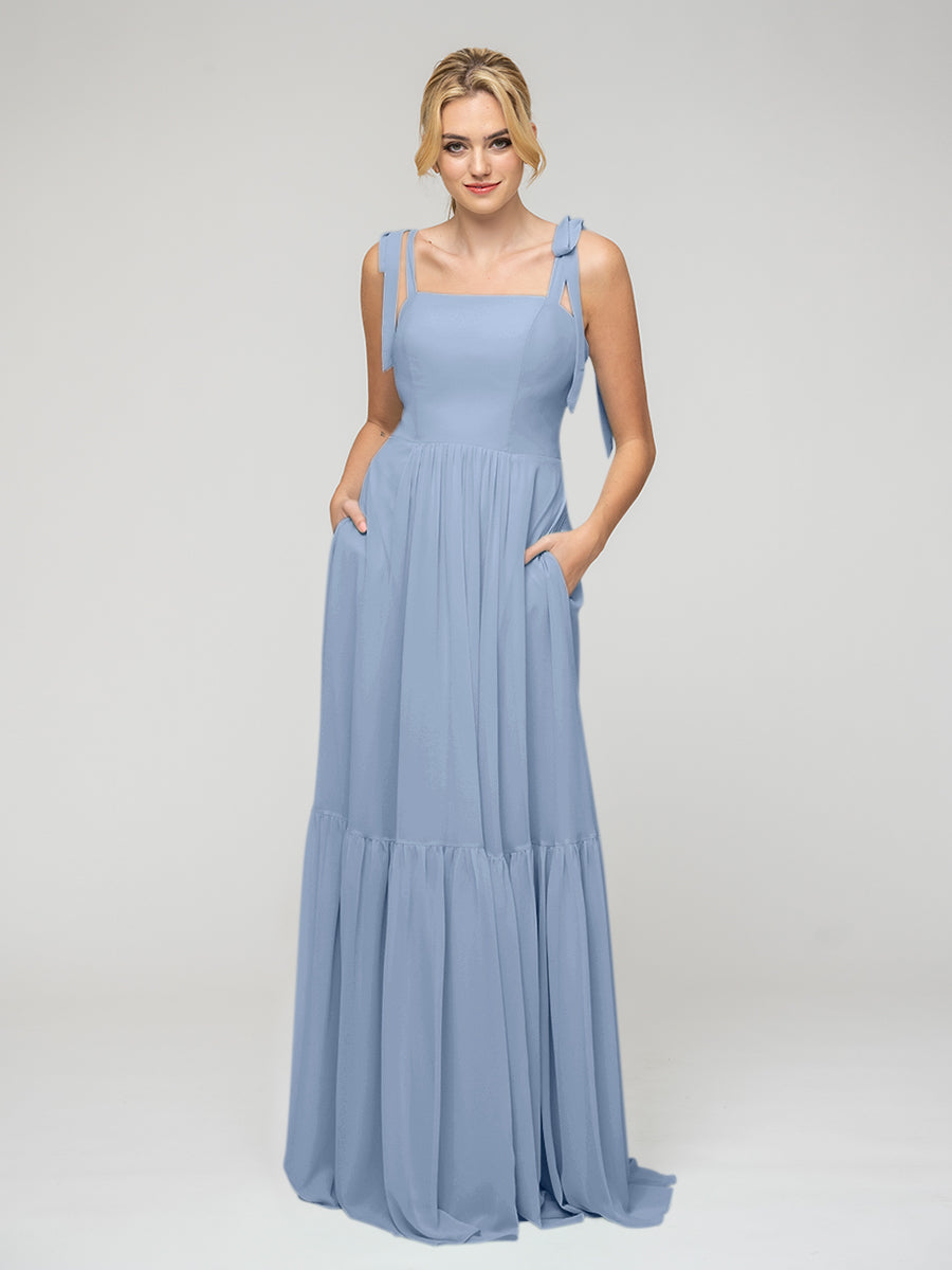 Tied Strap Tiered Smock Open Back Chiffon Bridesmaid Dresses