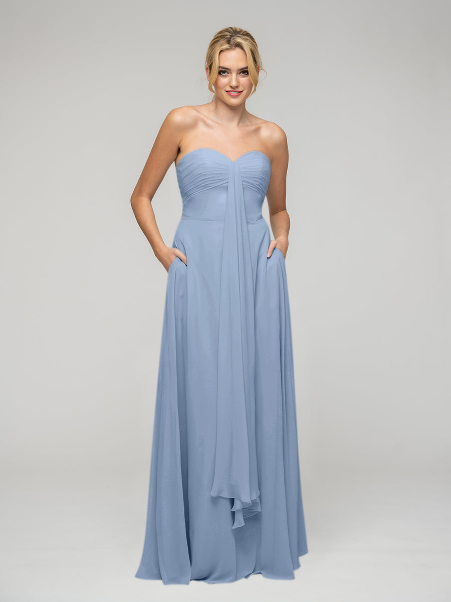 A Line Chiffon Strapless Bridesmaid Dresses With Ribbons