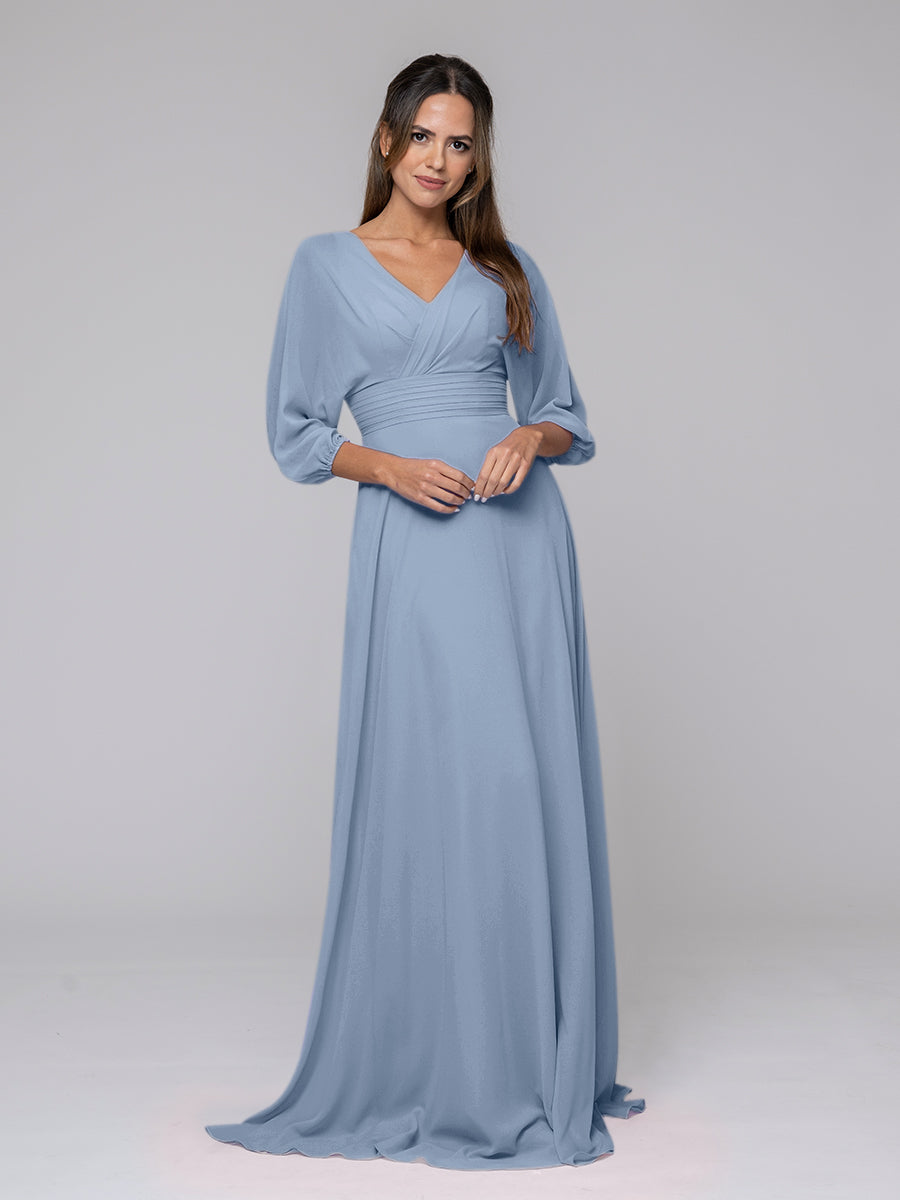 3/4 Lantern Sleeve V Neck Chiffon A Line Bridesmaid Dresses