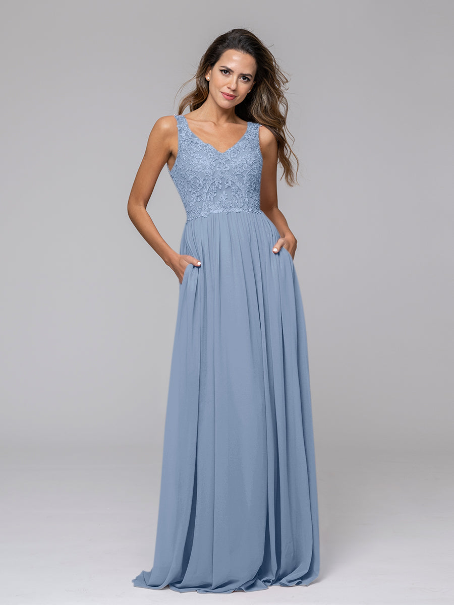 Applique V Neck Keyhole Back A Line Bridesmaid Dresses