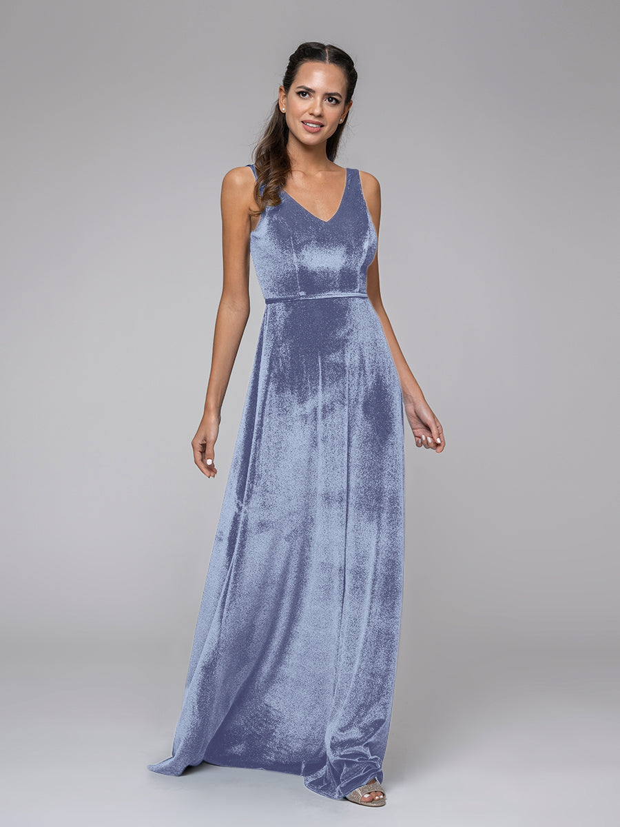 Velvet V Neck Straps A Line Long Bridesmaid Dresses