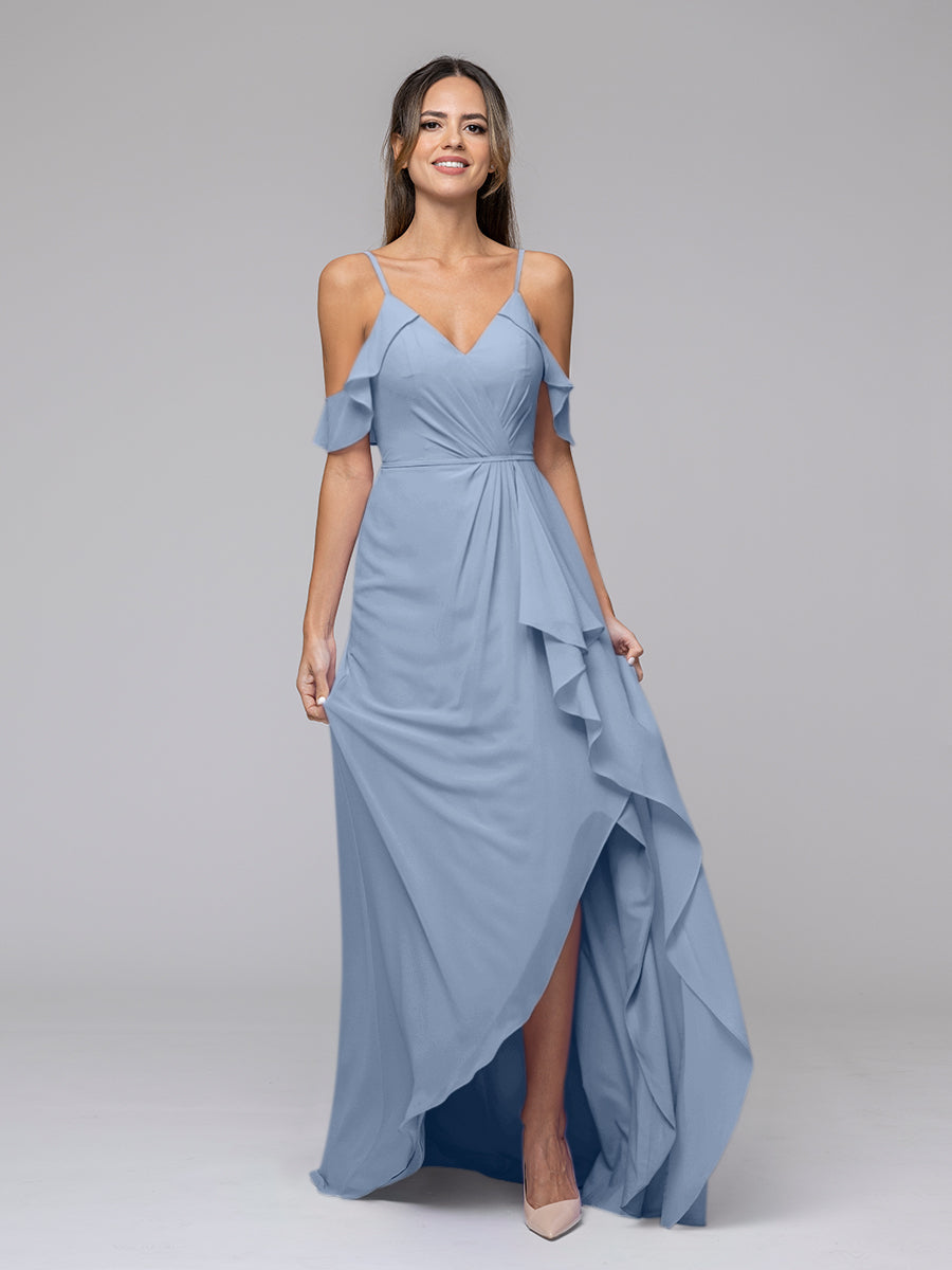 Cold Shoulder Chiffon Open Back High Low Bridesmaid Dresses