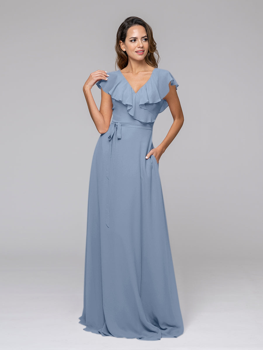 Ruffle Sleeve V Neck Belt Bridesmaid Dresses For Wedding