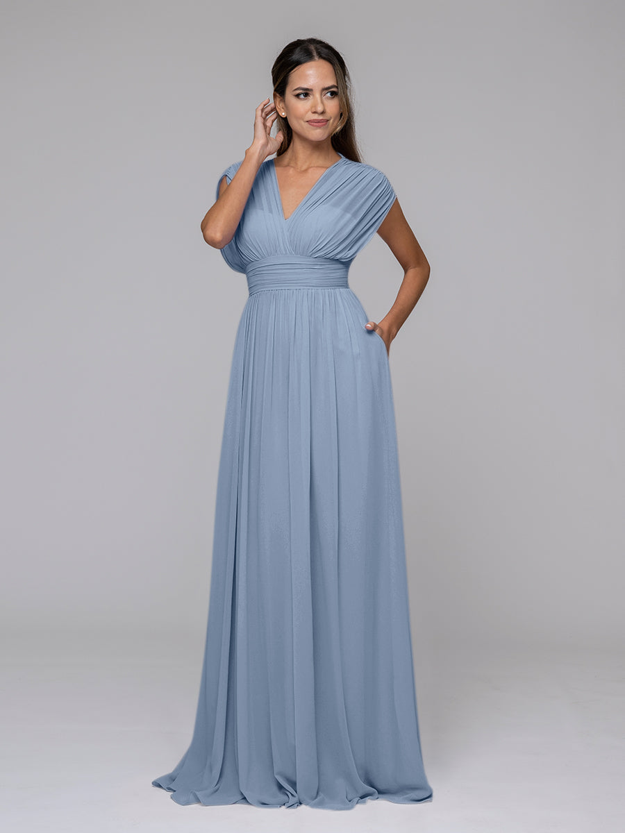 Chiffon V Neck Cap Sleeve Floor Length Bridesmaid Dresses