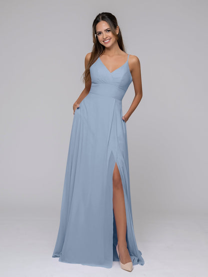 V Neck Spaghetti Strap Chiffon Bridesmaid Dresses With Slit