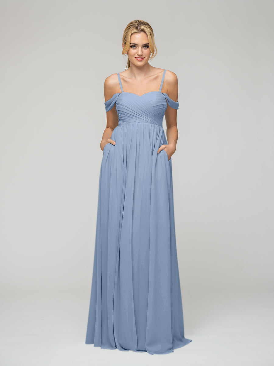 Cold Shoulder Chiffon Bridesmaid Dresses With Draped Bodice