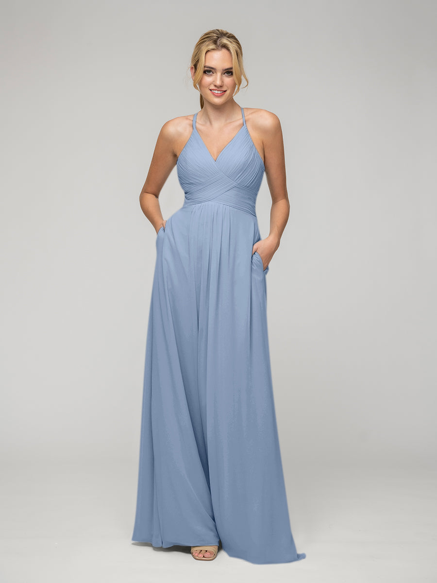 Chiffon Sweetheart Pocket Bridesmaid Dresses With Crisscross Back