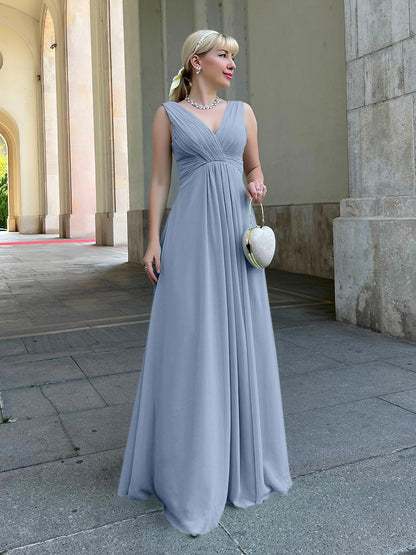 Straps Draped V-Neck Shirred Chiffon A Line Bridesmaid Dresses
