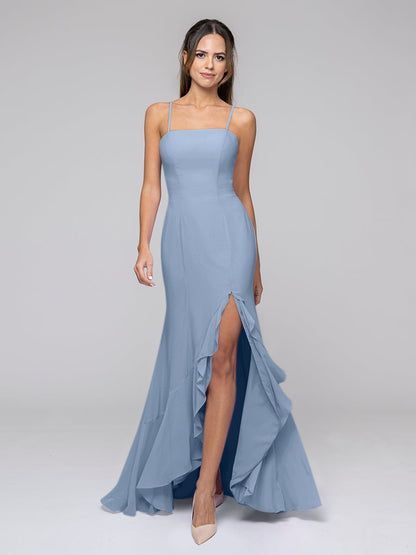 Spaghetti Strap Chiffon Mermaid Bridesmaid Dresses With Ruffles Split