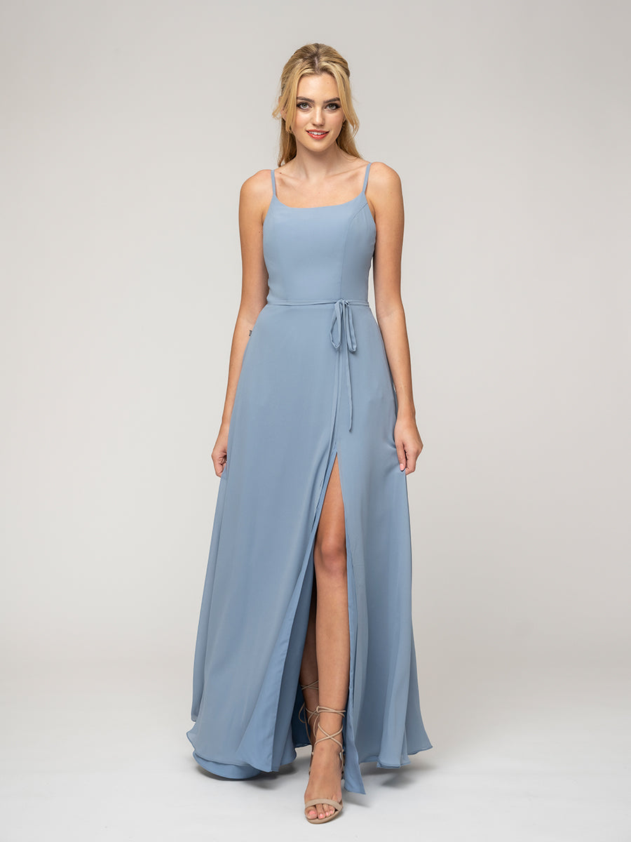 A Line Scoop Neckline Chiffon Slit Belt Bridesmaid Dresses