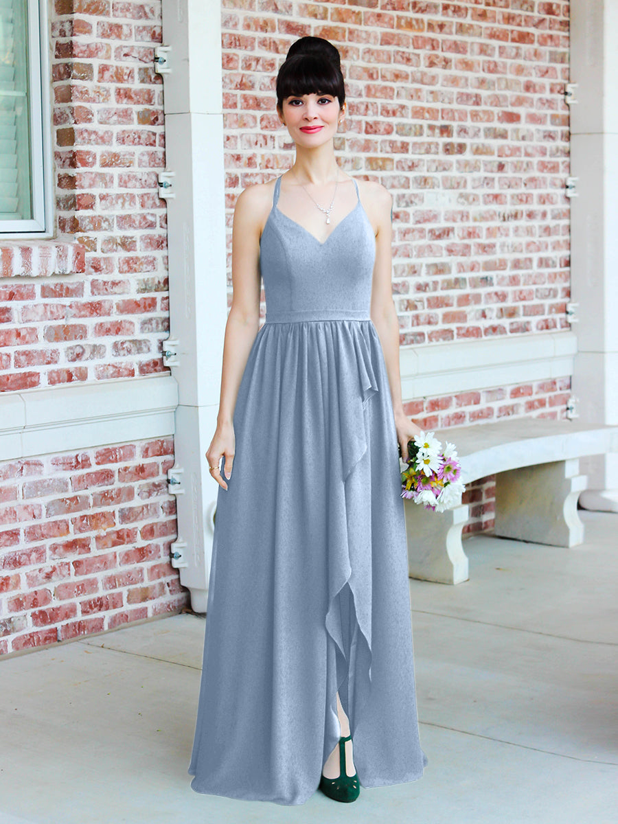 Chiffon Tie Back Bridesmaid Dresses With Ruffles Slit