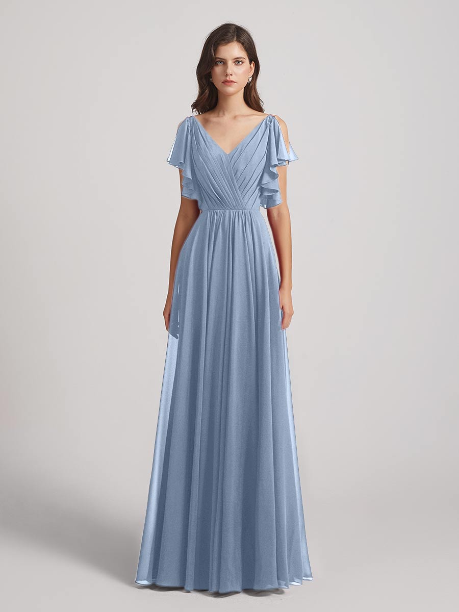 Open Flutter Sleeve Pleated Bodice A Line Bridesmaid Dresses