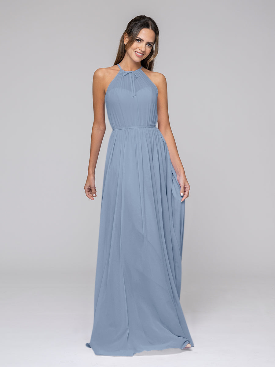 Long Chiffon Halter Bridal Party Dresses With Pleated Bodice