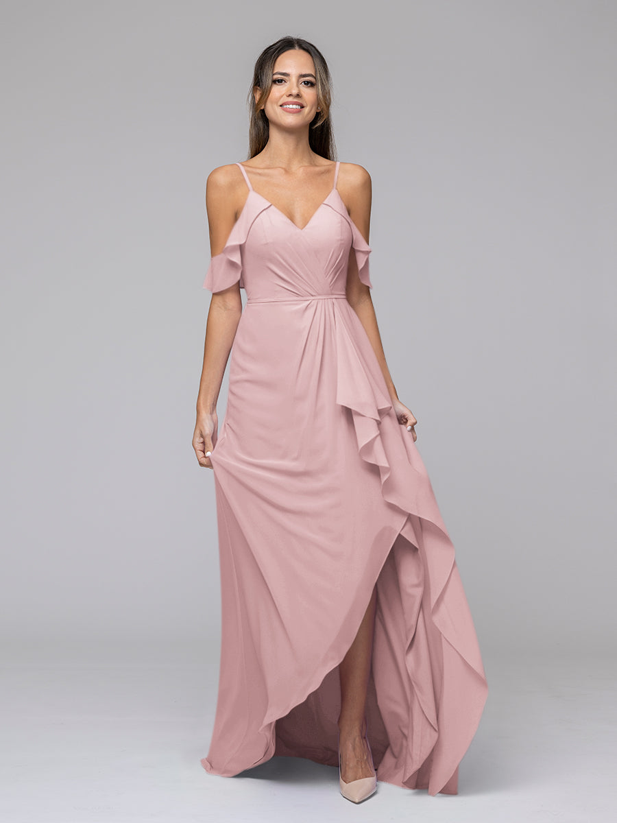 Cold Shoulder Chiffon Open Back High Low Bridesmaid Dresses