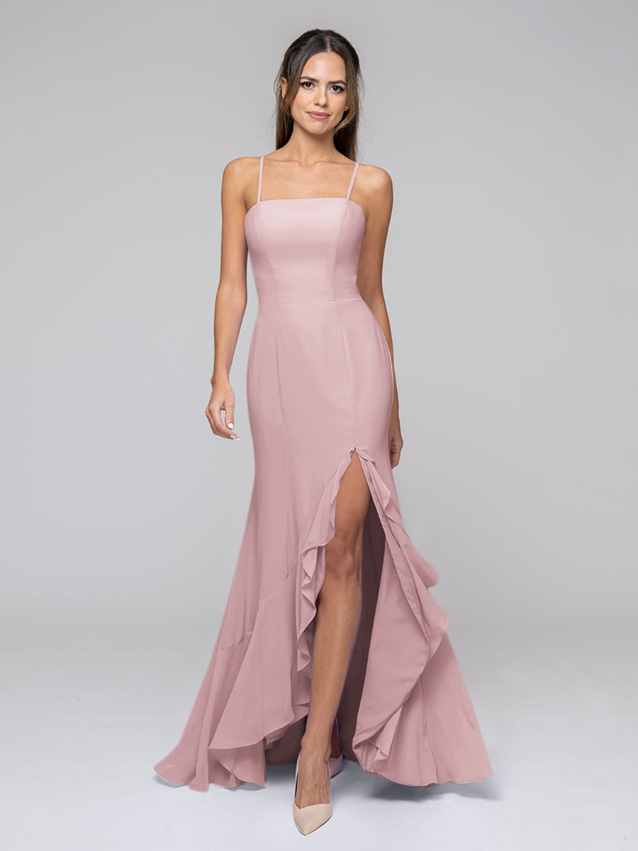 Spaghetti Strap Chiffon Mermaid Bridesmaid Dresses With Ruffles Split