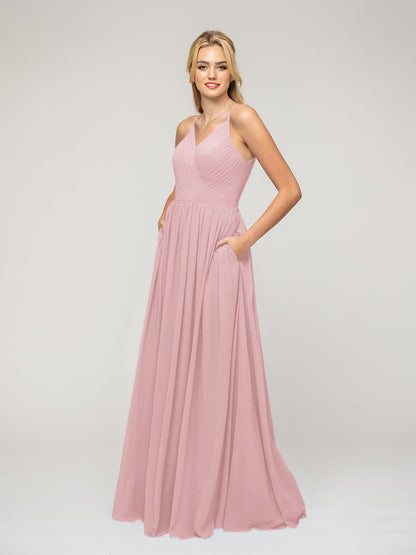 A Line Keyhole Back Chiffon Spaghetti Straps Bridesmaid Dresses