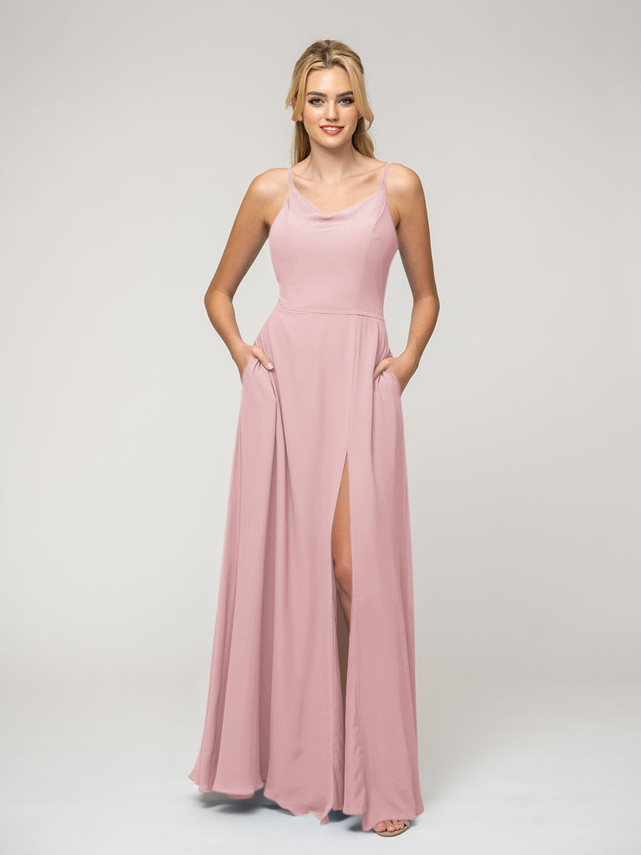 A Line Cowl Neckline Chiffon Spaghetti Straps Bridesmaid Dresses