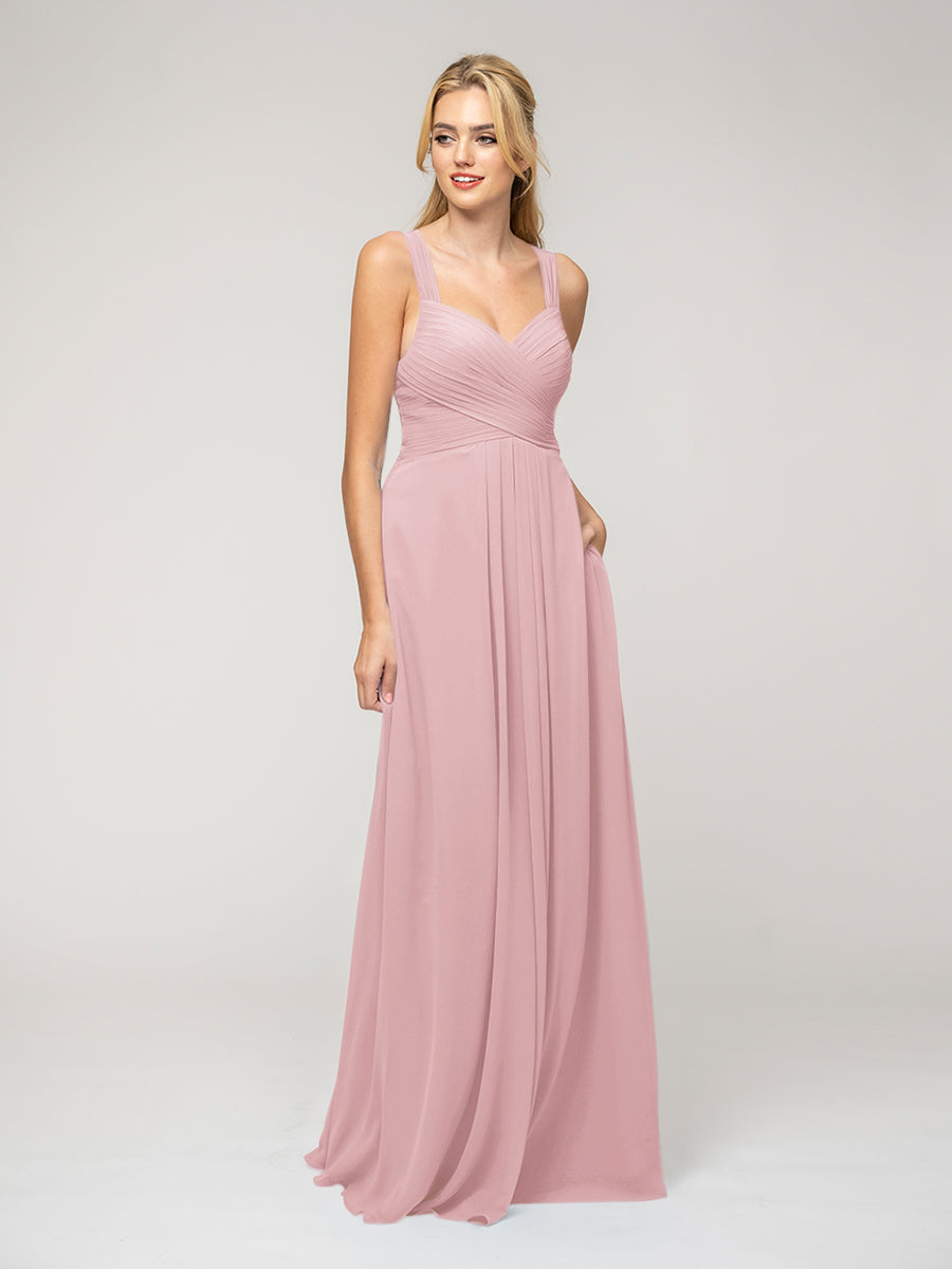 A Line Sweetheart Neckline Chiffon Straps Bridesmaid Dresses With Ribbon