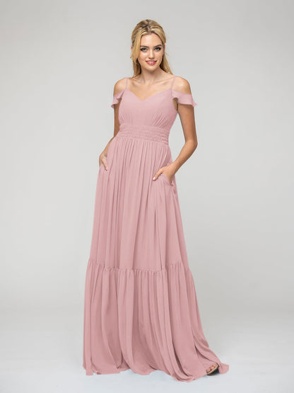 Pleats Bodice Chiffon Cold Shoulder Tie Back Bridesmaid Dresses