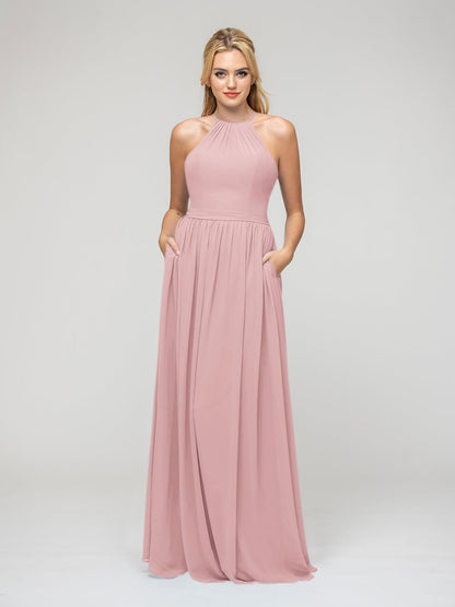 Pleats Bodice Chiffon Halter A Line Bridesmaid Dresses