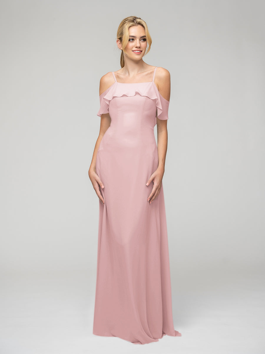 Cold Shoulder Ruffles Chiffon Bridesmaid Dresses With Open Back