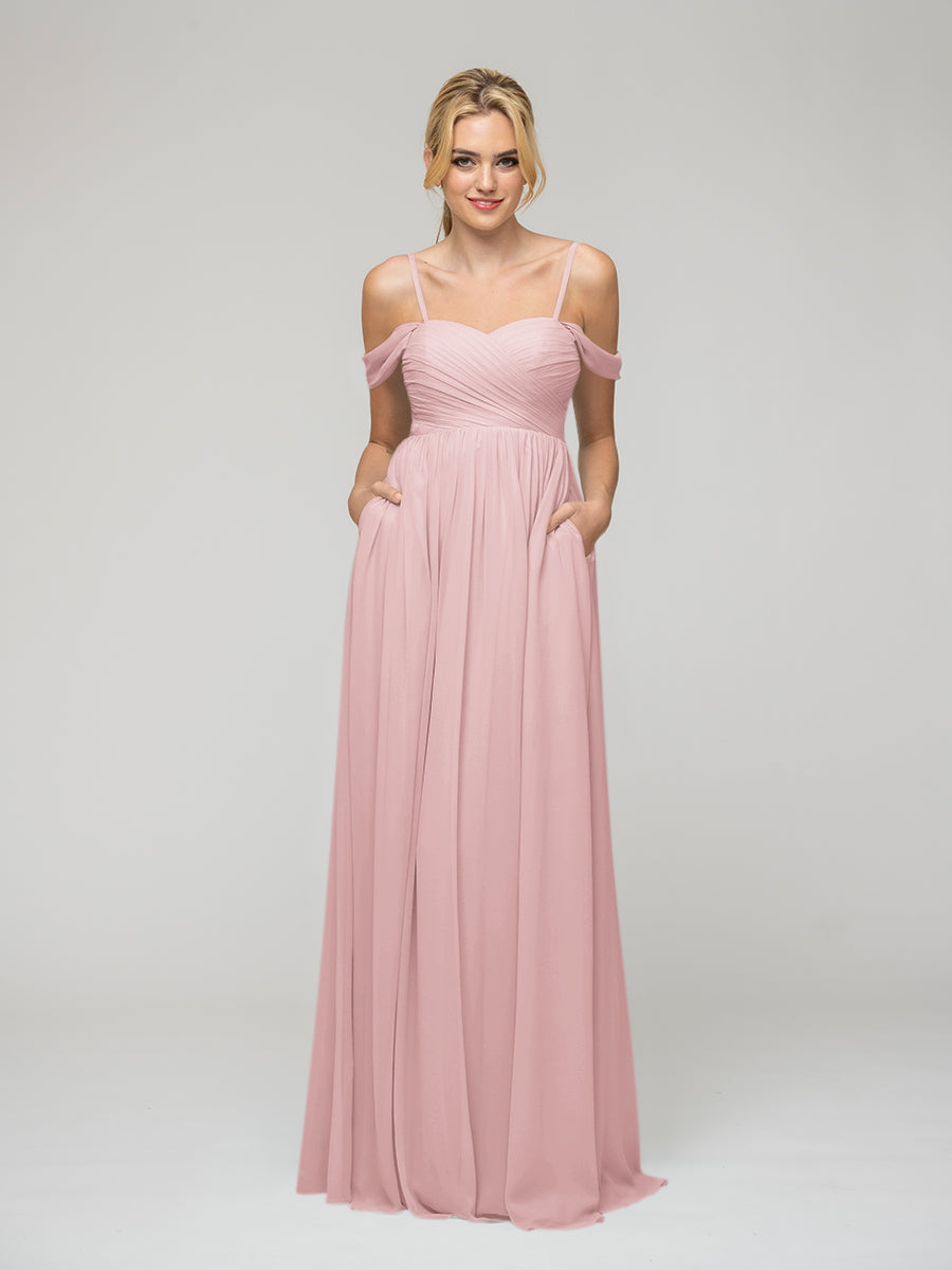 Cold Shoulder Chiffon Bridesmaid Dresses With Draped Bodice