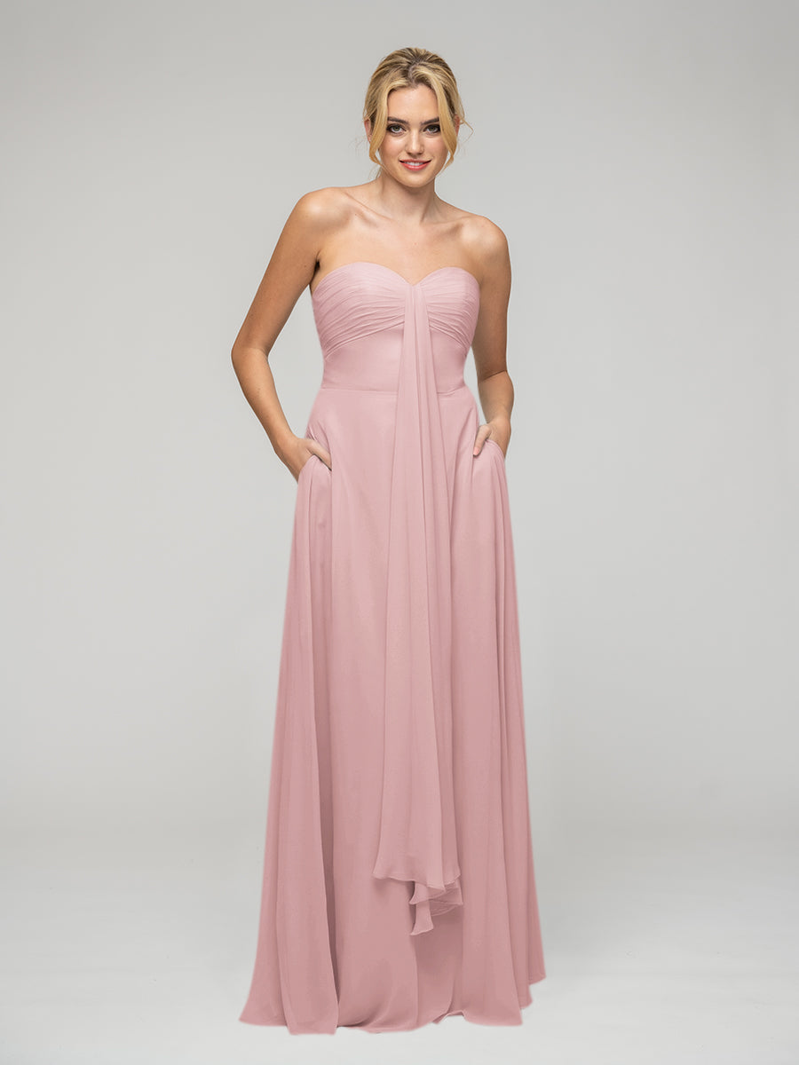 A Line Chiffon Strapless Bridesmaid Dresses With Ribbons