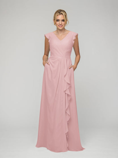 V Neck Chiffon Cap Sleeves Long Bridesmaid Dresses