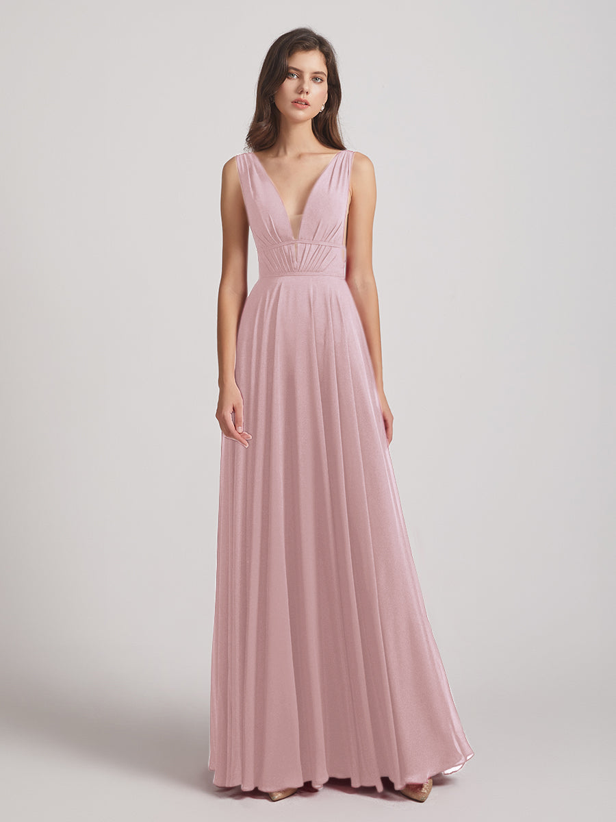 Plunging V Neck Chiffon Bridesmaid Dresses With Low Back