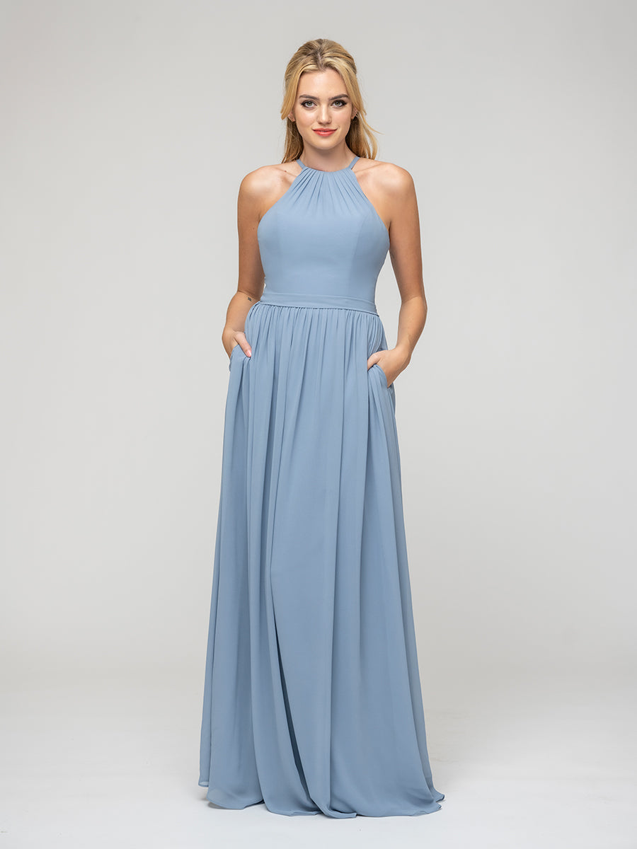 Pleats Bodice Chiffon Halter A Line Bridesmaid Dresses